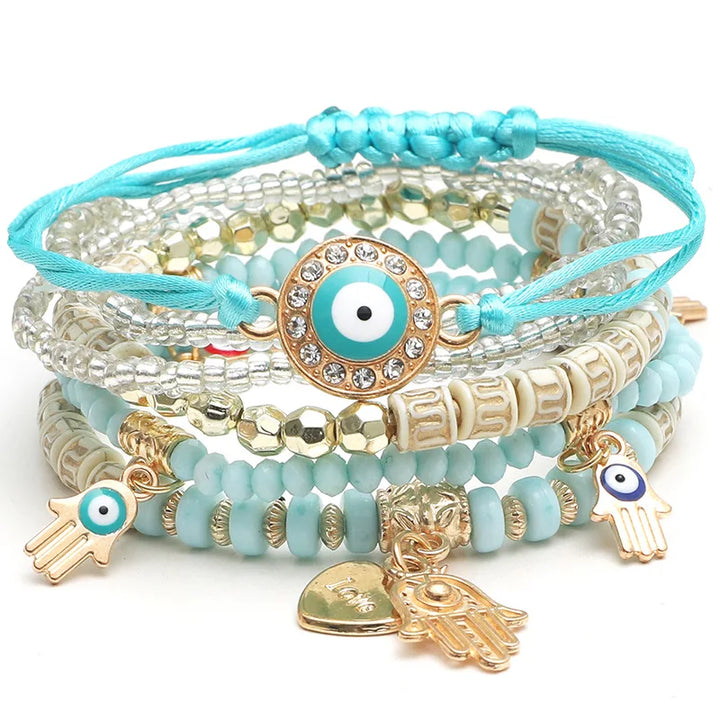 Evil Eye Bracelet Set Hamsa Charm Beaded Rope Women 6pcs Bracelet