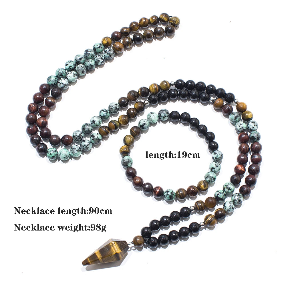 Black Onyx African Turquoise Beads 108 Mala Necklace Meditation Jewelry