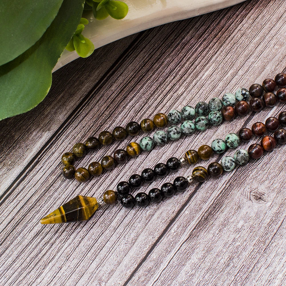 Black Onyx African Turquoise Beads 108 Mala Necklace Meditation Jewelry