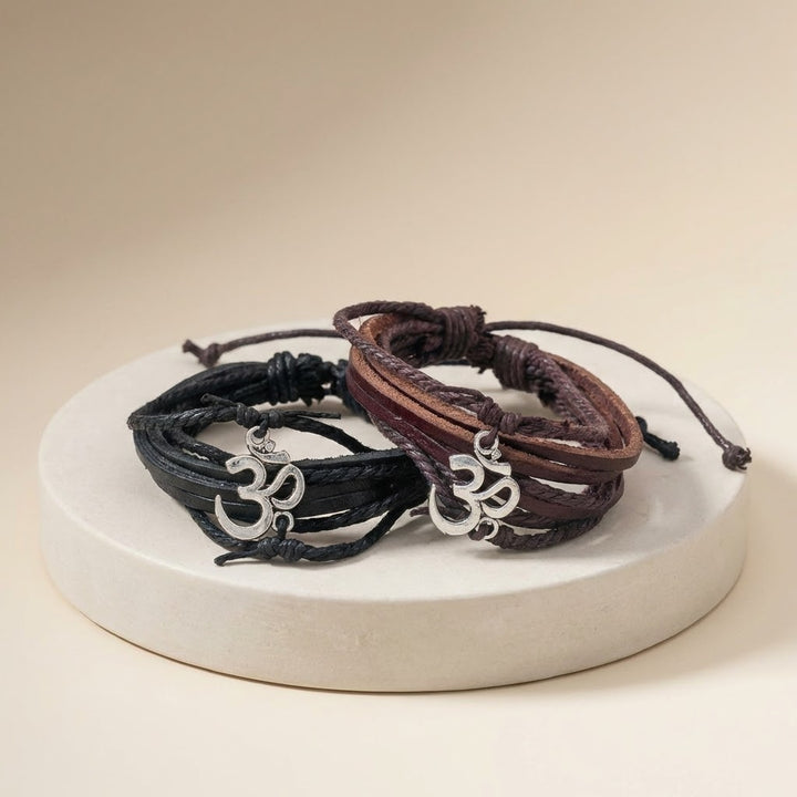 Adjustable Leather OM Bracelet Tibetan Mantra