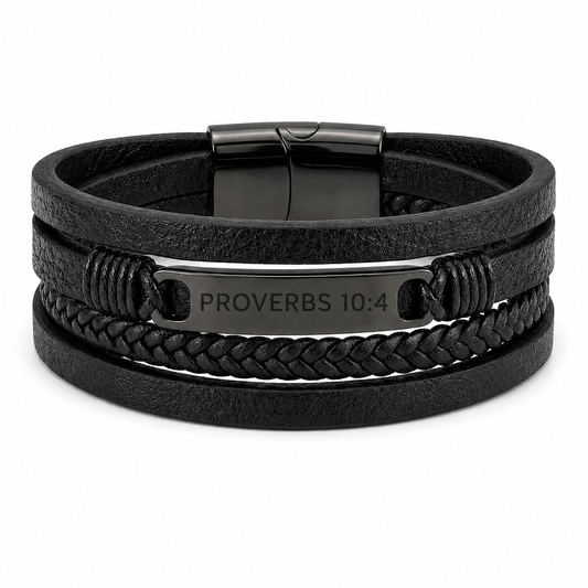 Black leather bracelet with metal tag displaying 'Proverbs 10:4' on a white background