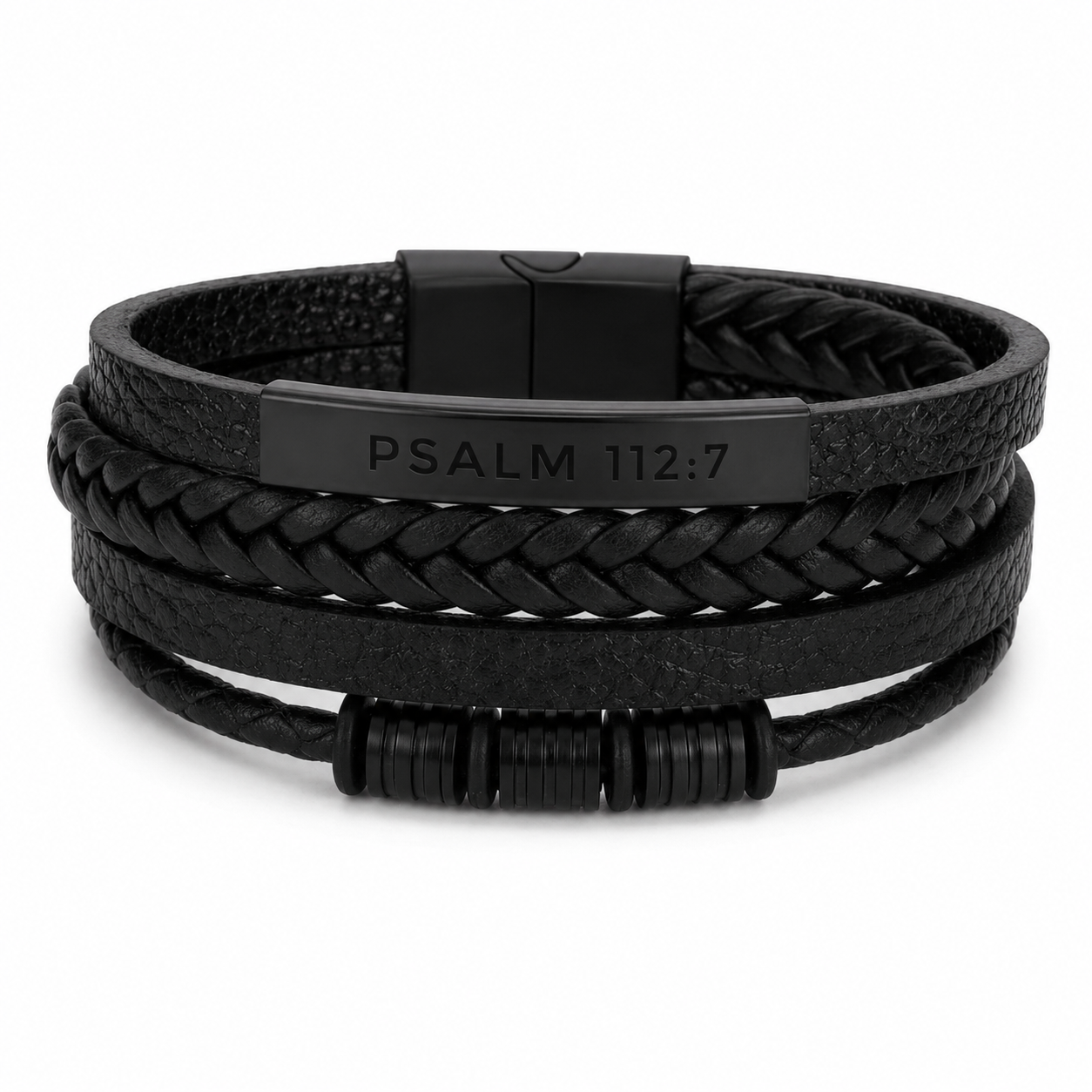 Black braided leather bracelet with engraved text on a white background PSALM112