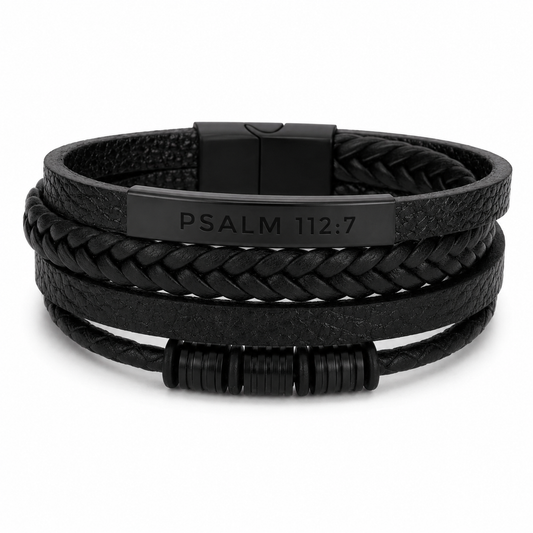Black braided leather bracelet with engraved text on a white background PSALM112
