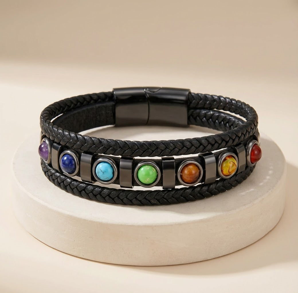 Multistrand bracelet with colored beads on a beige background