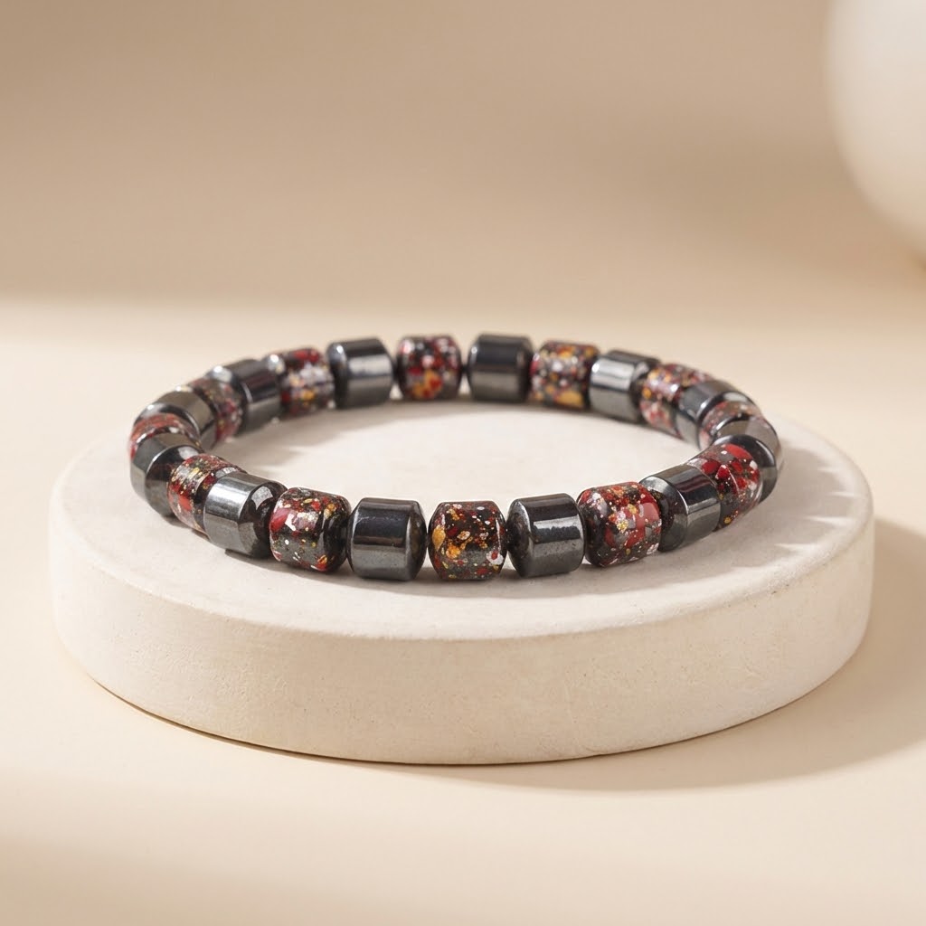 Bracelet with black and red beads on a white stand