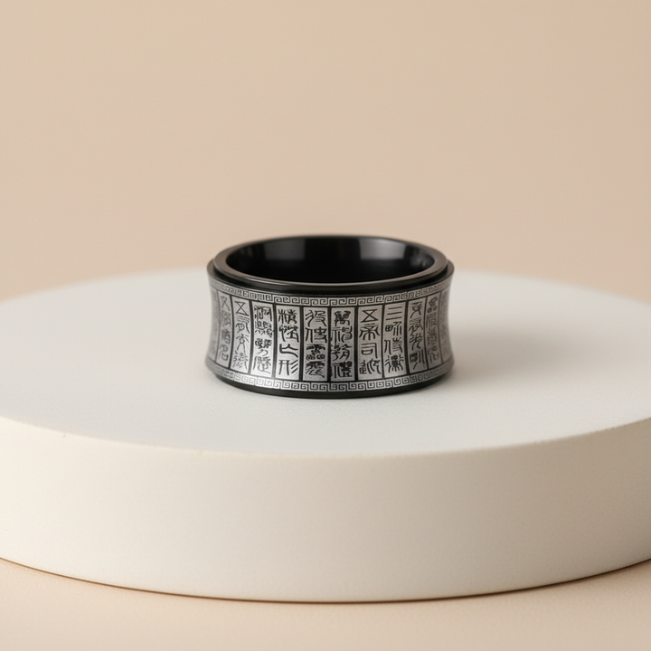 Buddhist Rotating Carved Stainless Steel UNISEX Ring Black Gold