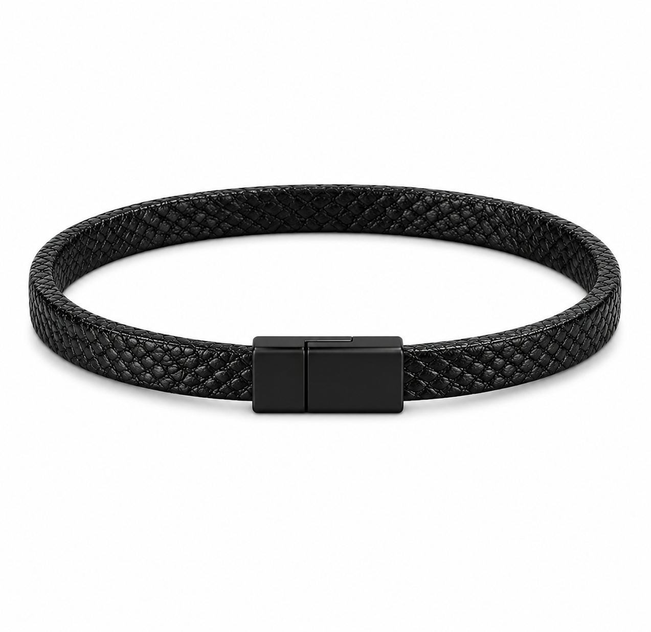 Black braided leather bracelet with a black clasp on a white background