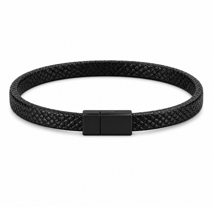 Black braided leather bracelet with a black clasp on a white background