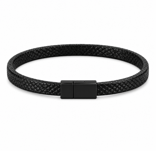 Black braided leather bracelet with a black clasp on a white background