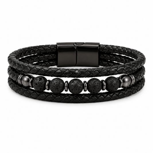 Classic Triple Braid Black Leather & Lava Rock Bracelet