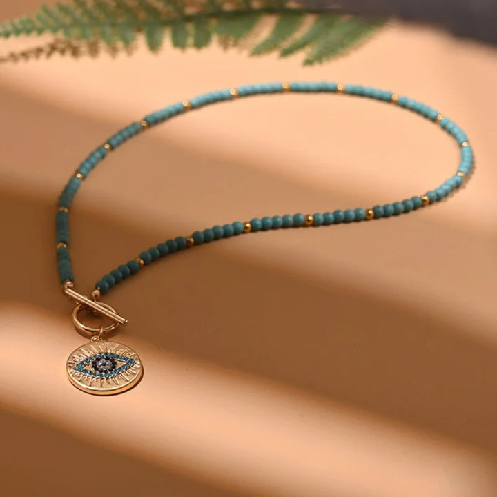 Colorful Stone Bead Choker Necklace Evil Eye Charm Crystals Gemstones Necklace