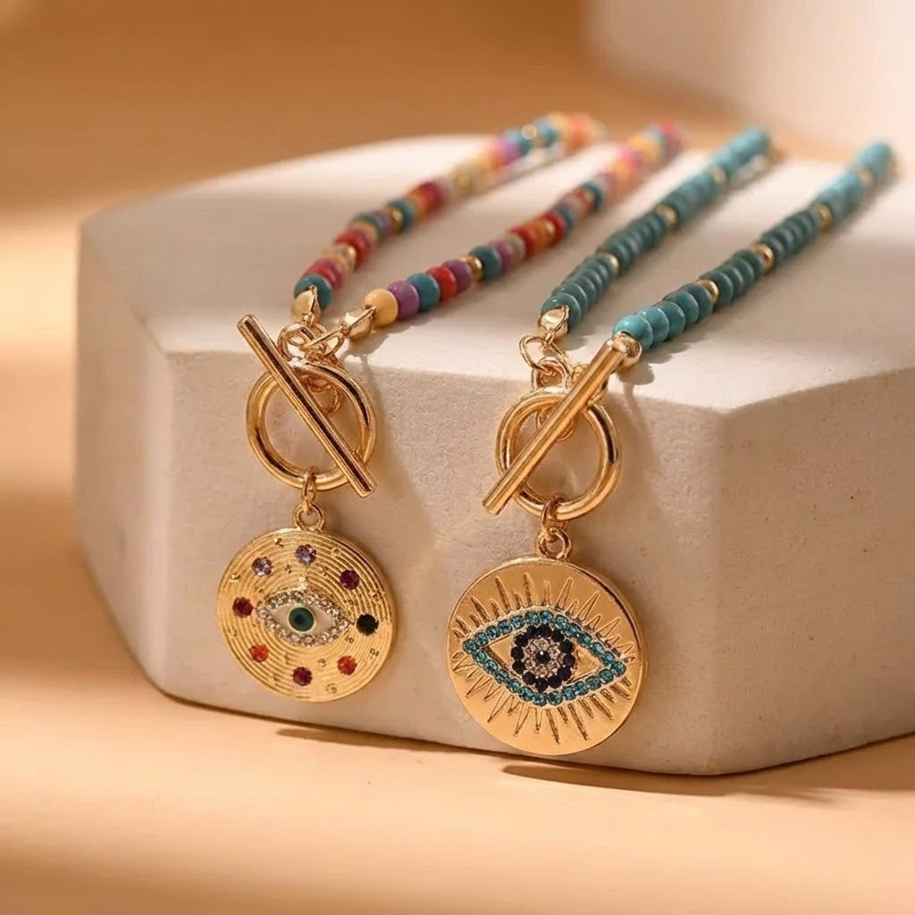 Colorful Glass Bead Necklace | Symbolic Eye Charm Pendant