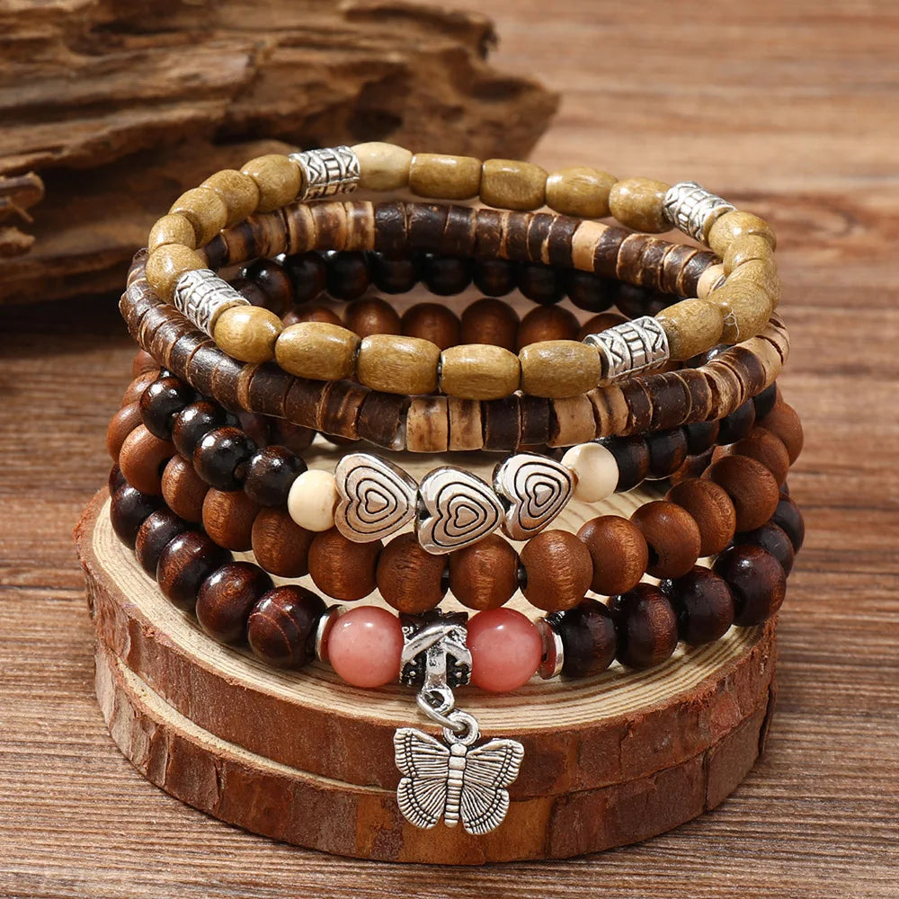 Ethnic Wood Bead Buddha Bracelet Set Lucky Handmade Jewelry Unisex