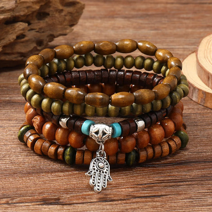 Ethnic Wood Bead Buddha Bracelet Set Lucky Handmade Jewelry Unisex