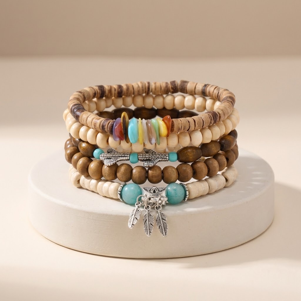Stack of wooden beaded bracelets with various charms on a white stand.