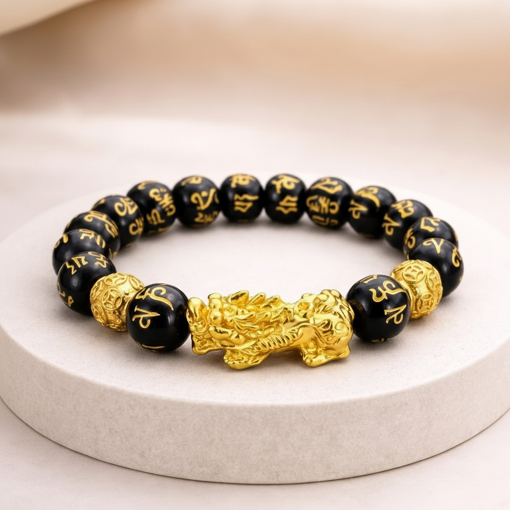 Black beaded bracelet with gold dragon charm on a white platform