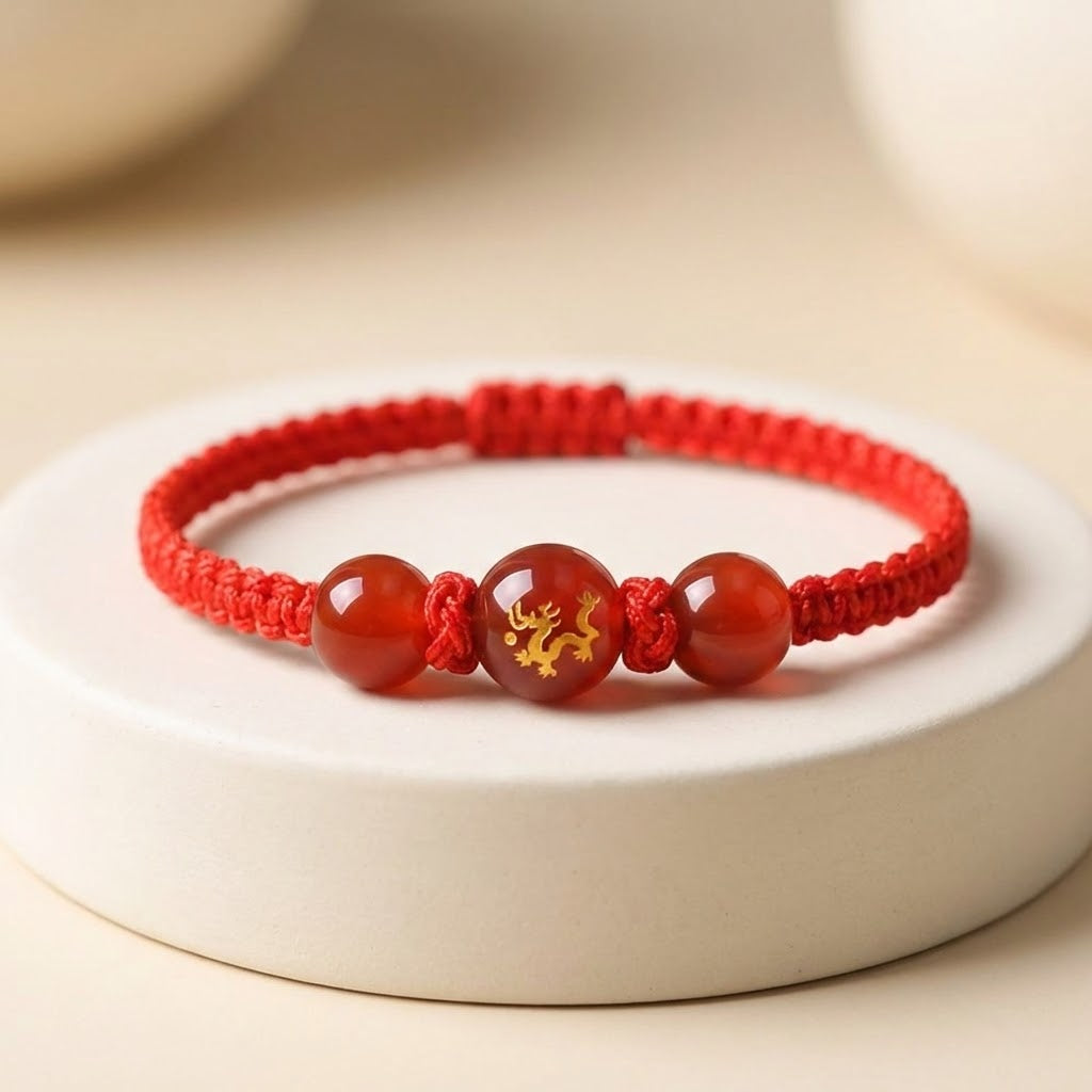 Red bracelet with three beads on a white dish