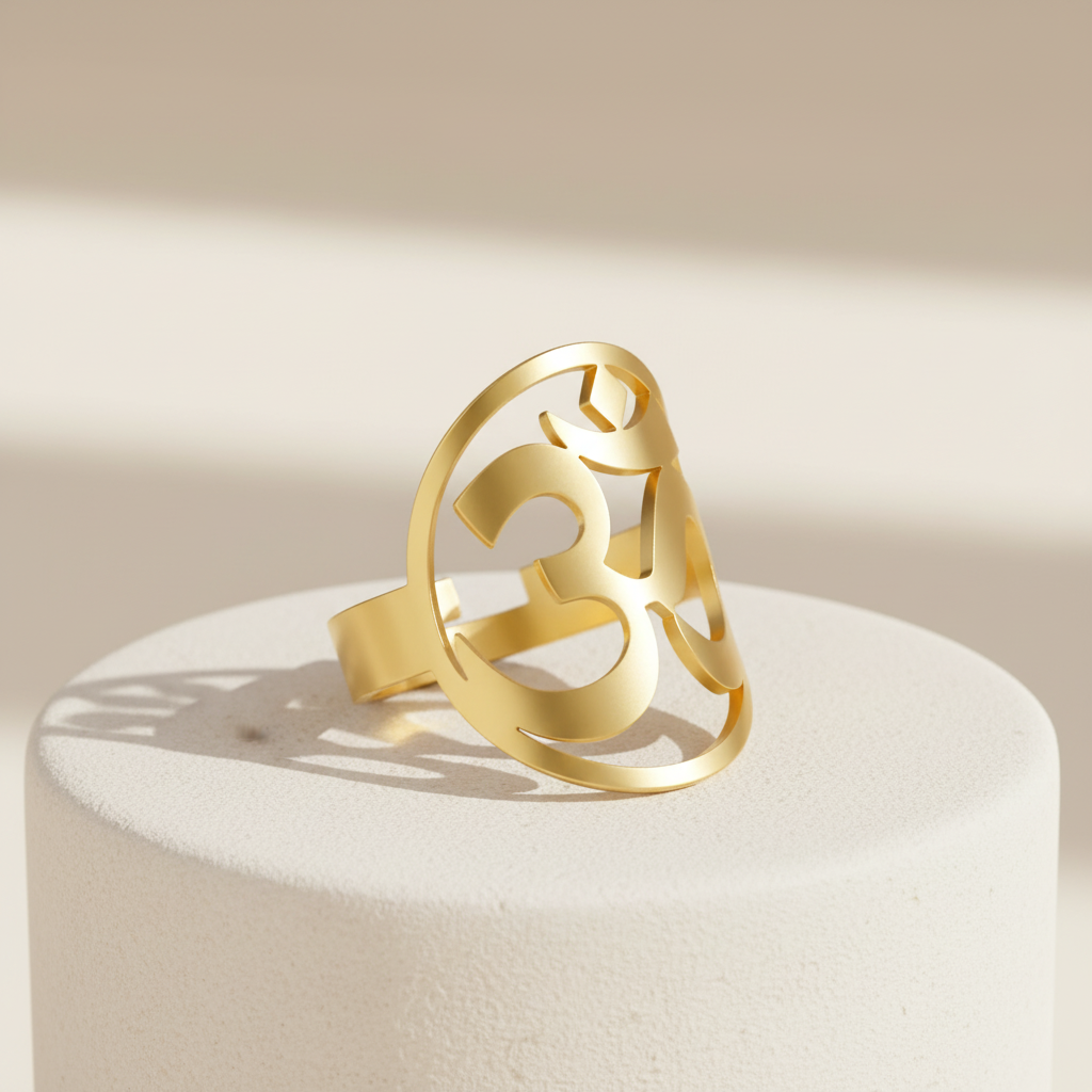 Gold ring with a unique design on a beige background