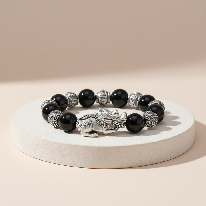 Feng Shui Pixiu-Inspired Black Bead Bracelet – Elastic Unisex Design