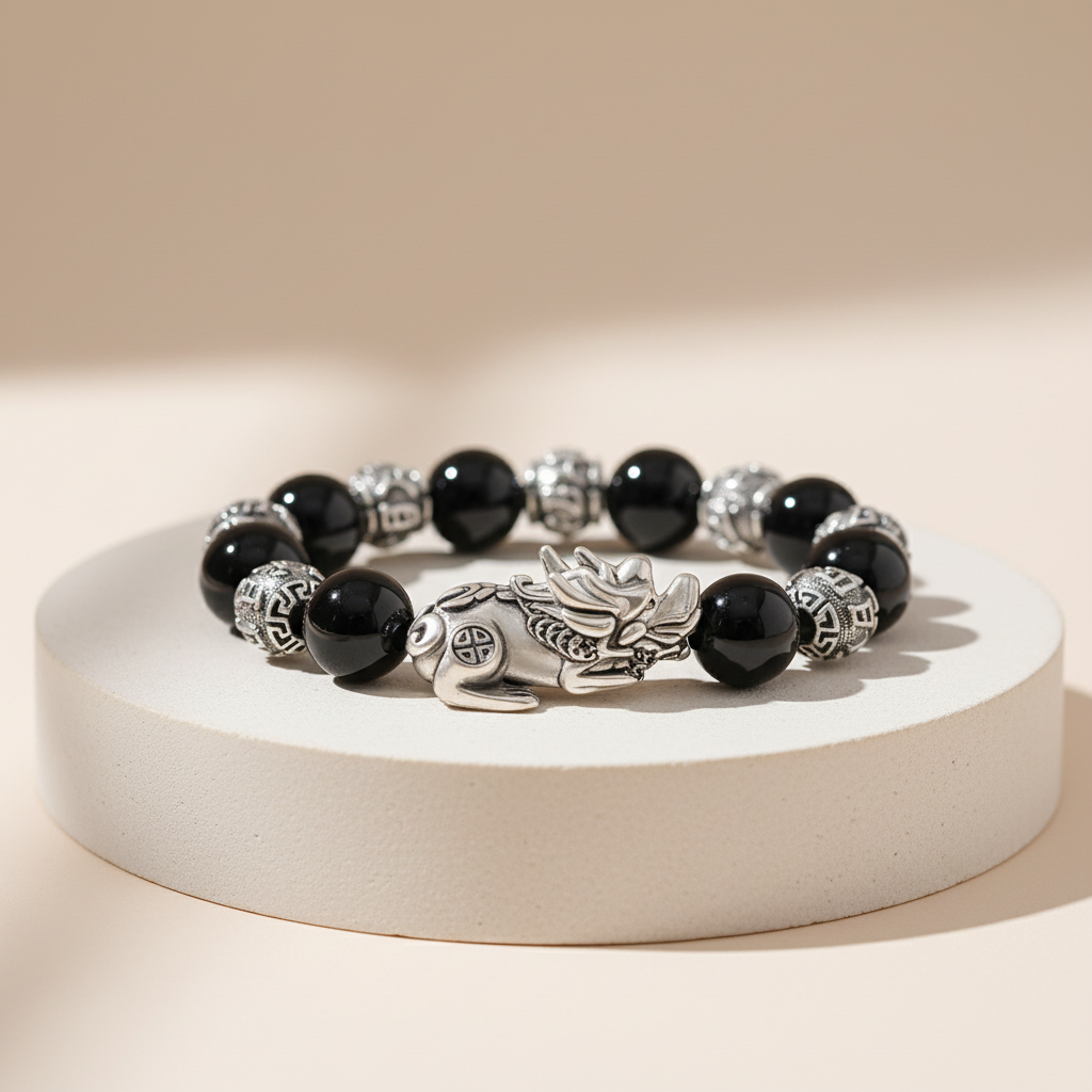 Black beaded bracelet with silver dragon charm on a white base