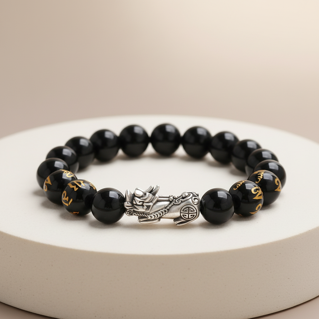 Feng Shui Pixiu-Inspired Black Bead Bracelet – Elastic Unisex Design