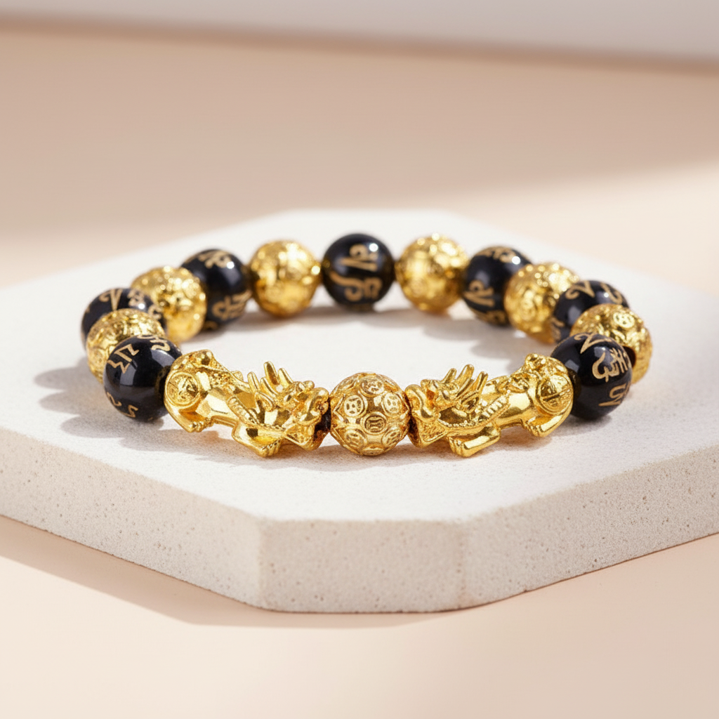 Gold and black beaded bracelet on a white stand with a beige background