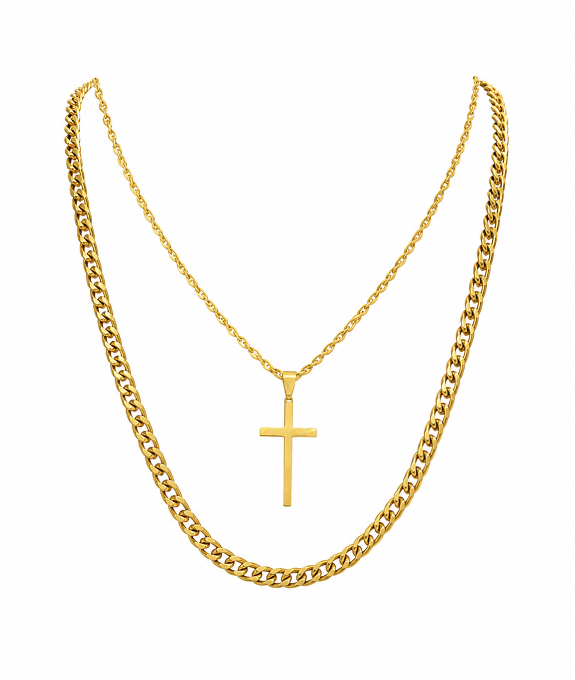 Men's two-piece gold-tone necklace set featuring a minimalist cross pendant on a thin chain and a bold curb chain.