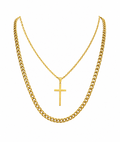 Men's two-piece gold-tone necklace set featuring a minimalist cross pendant on a thin chain and a bold curb chain.