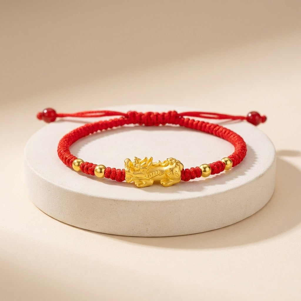 Red bracelet with gold beads and a gold charm on a beige background