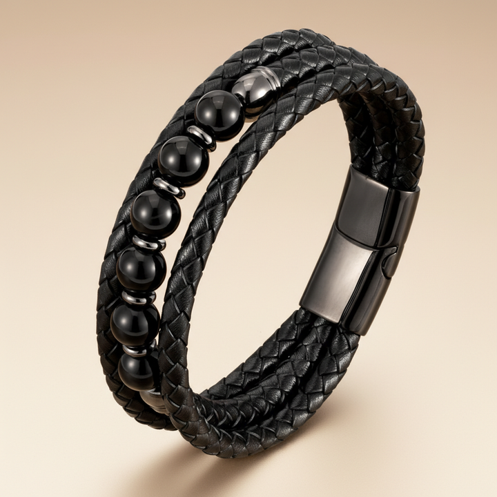 Multilayer Round Stone Leather Bracelets Tiger Eye Hematite Bracelets