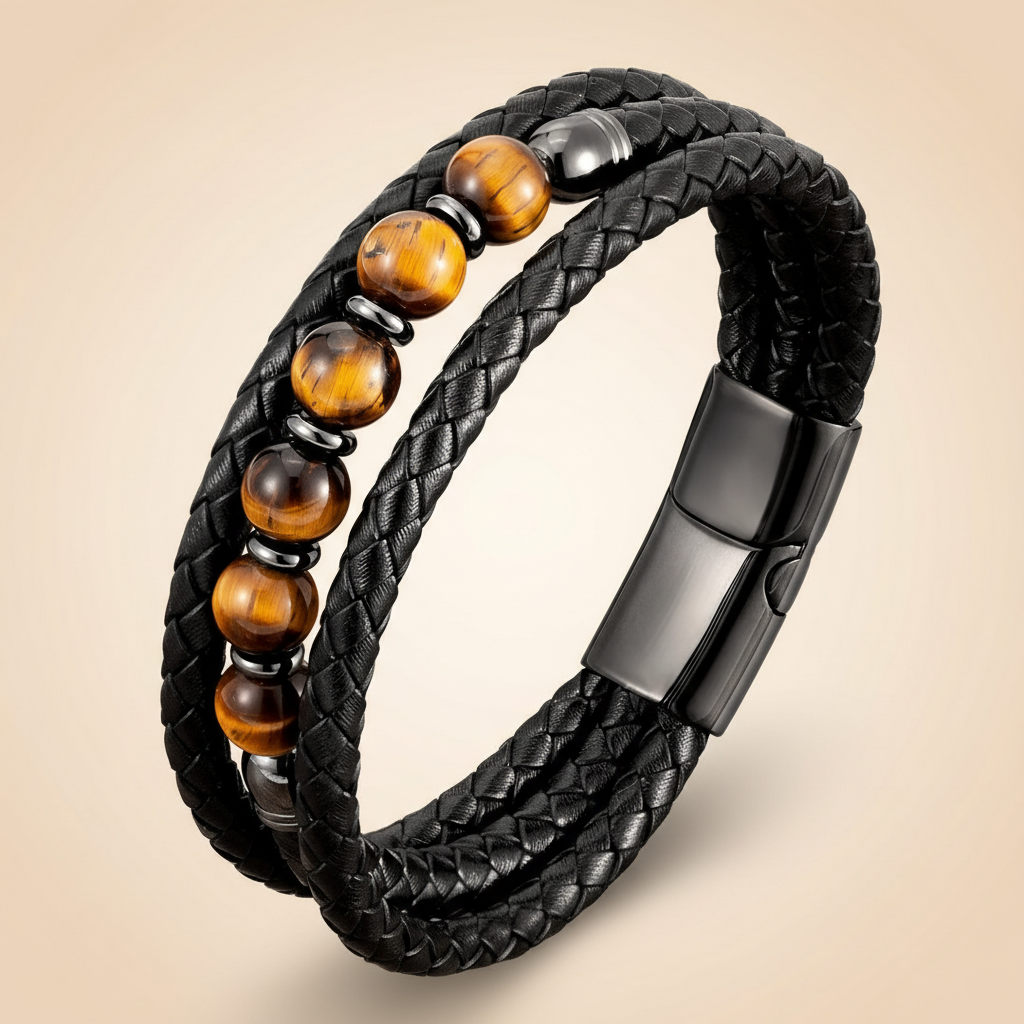 Multilayer Round Stone Leather Bracelets Tiger Eye Hematite Bracelets
