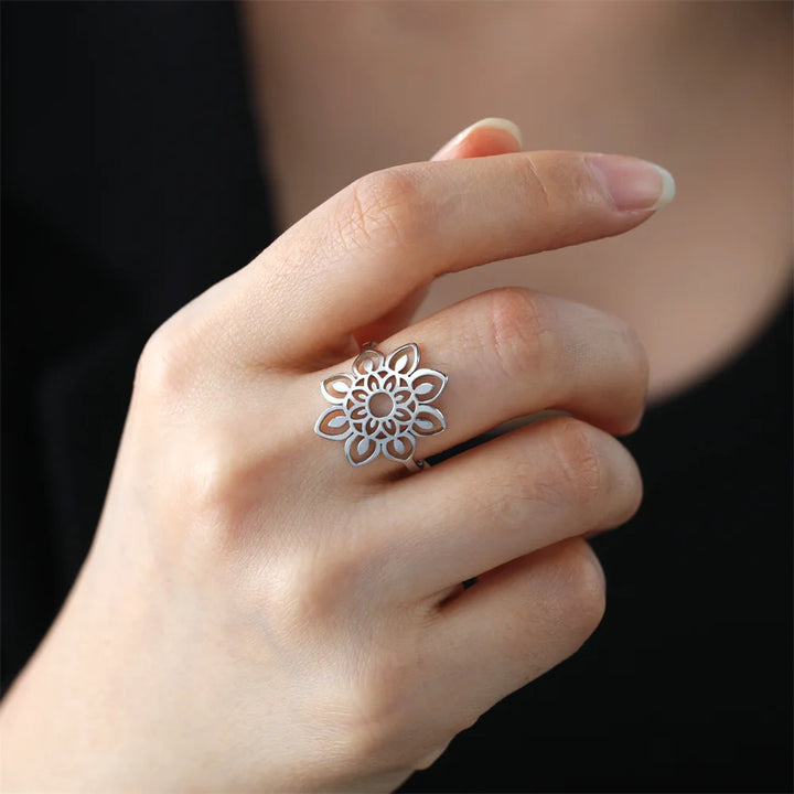 My Shape Lotus Flower Ring Mandala Silver Gold Women Ring