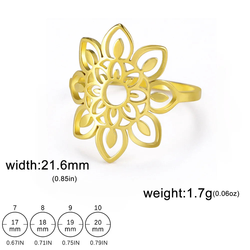 My Shape Lotus Flower Ring Mandala Silver Gold Women Ring