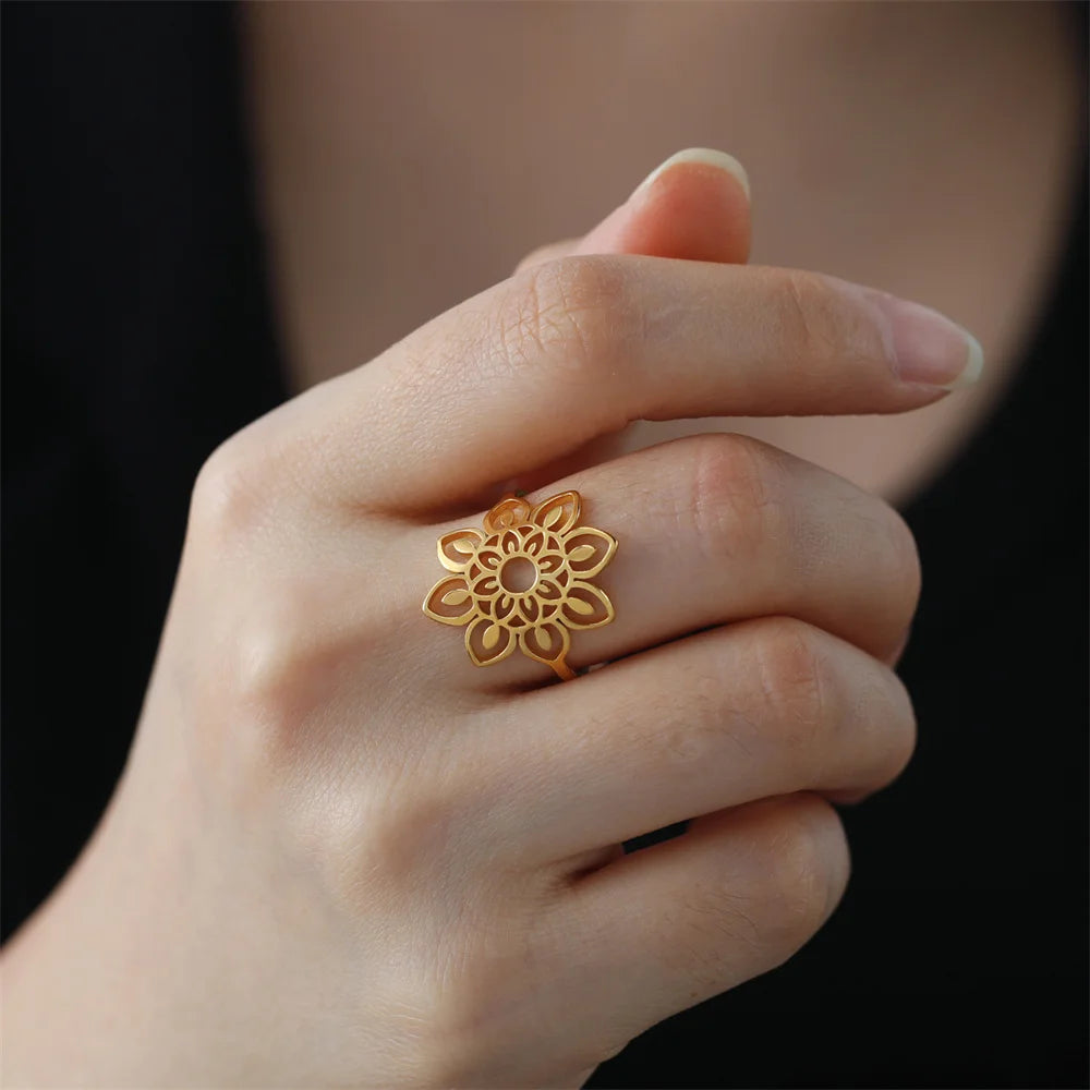 My Shape Lotus Flower Ring Mandala Silver Gold Women Ring