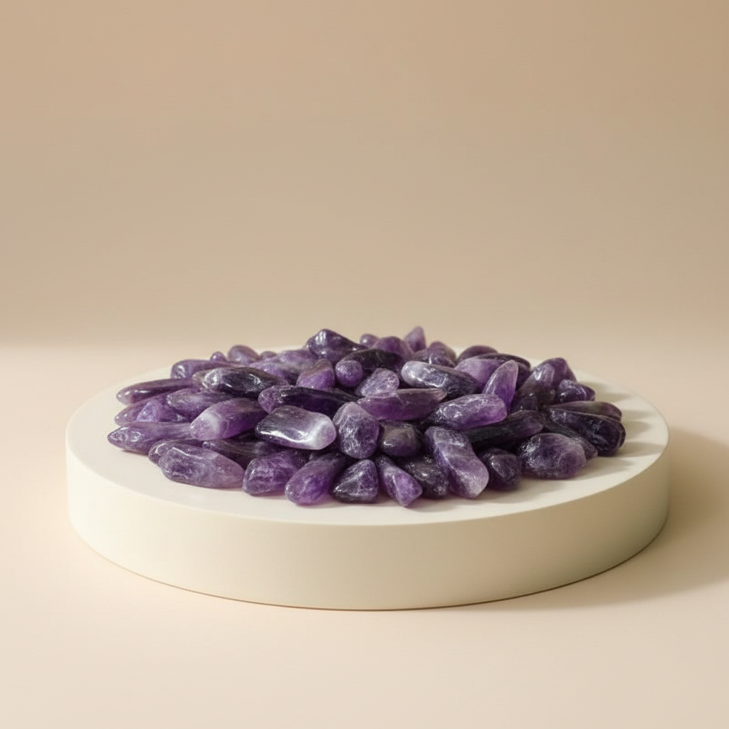 Purple gemstones on a white round platform against a beige background