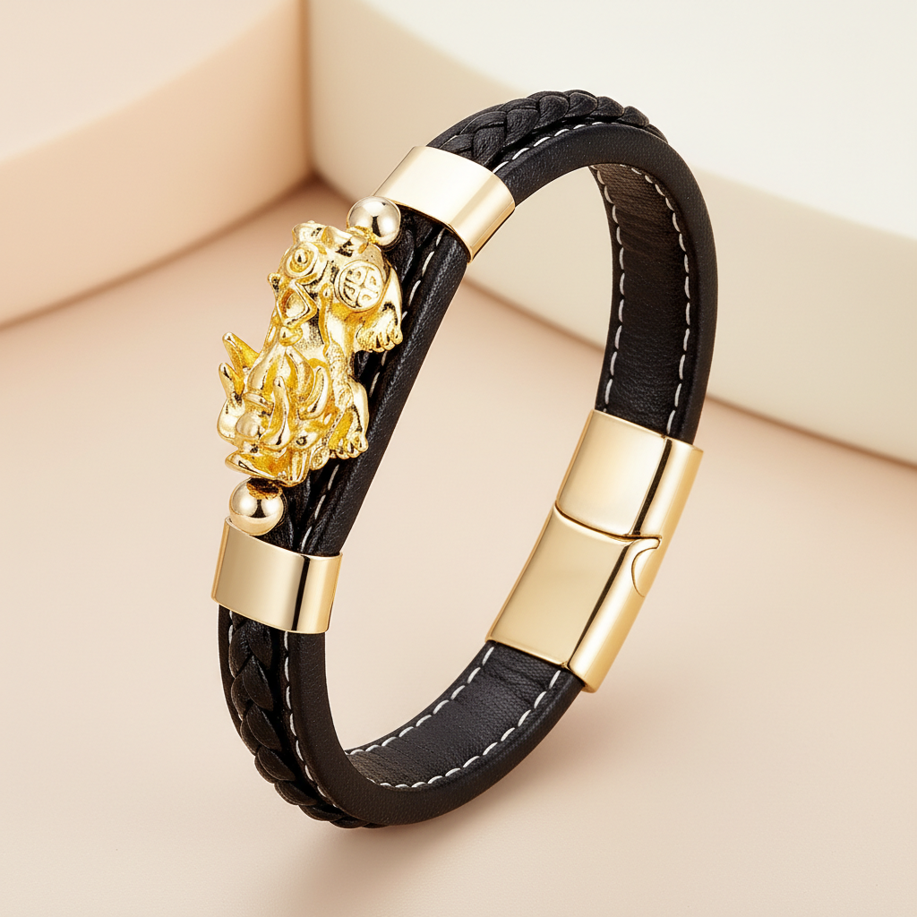 Pi Xiu Guardian Bracelet Lucky Gold Pixiu Charm Leather Men Women