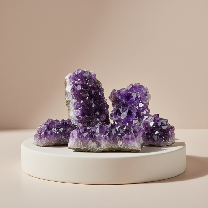 Amethyst crystal cluster on a beige platform with a beige background
