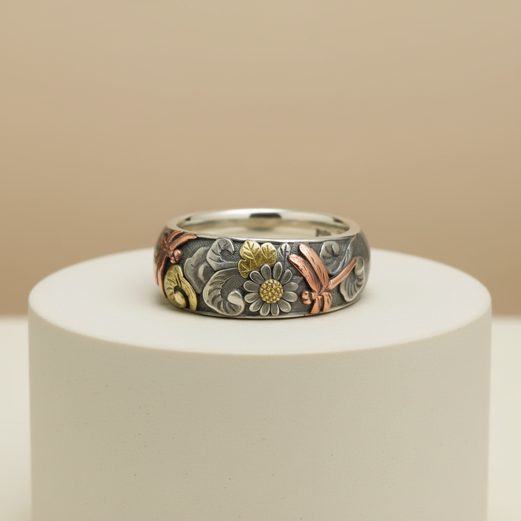 Silver ring with floral designs on a white pedestal against a beige background