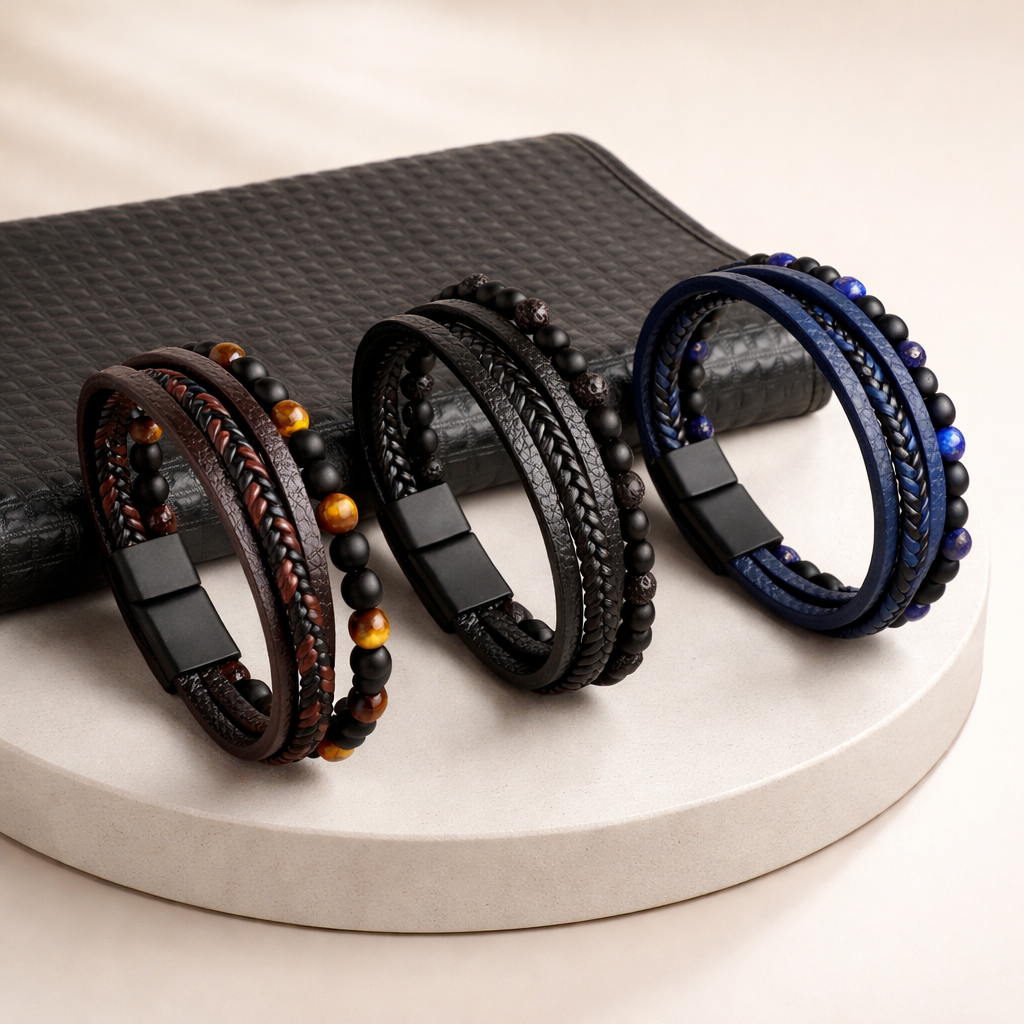 Three braided leather bracelets with beads on a round stone surface.