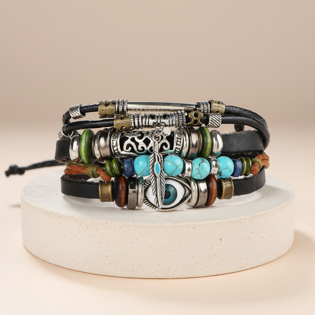 Stack of multi-layered bracelets with beads and metal charms on a beige background