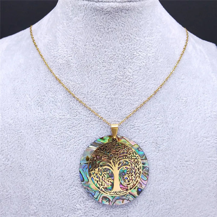 Tree of Life Abalone Shell Necklace Chakra Crystal Sri Yantra Necklace