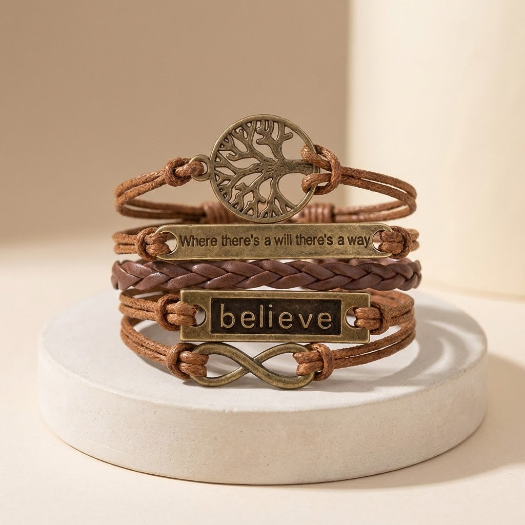 Stack of brown leather bracelets with metal charms on a white stand.