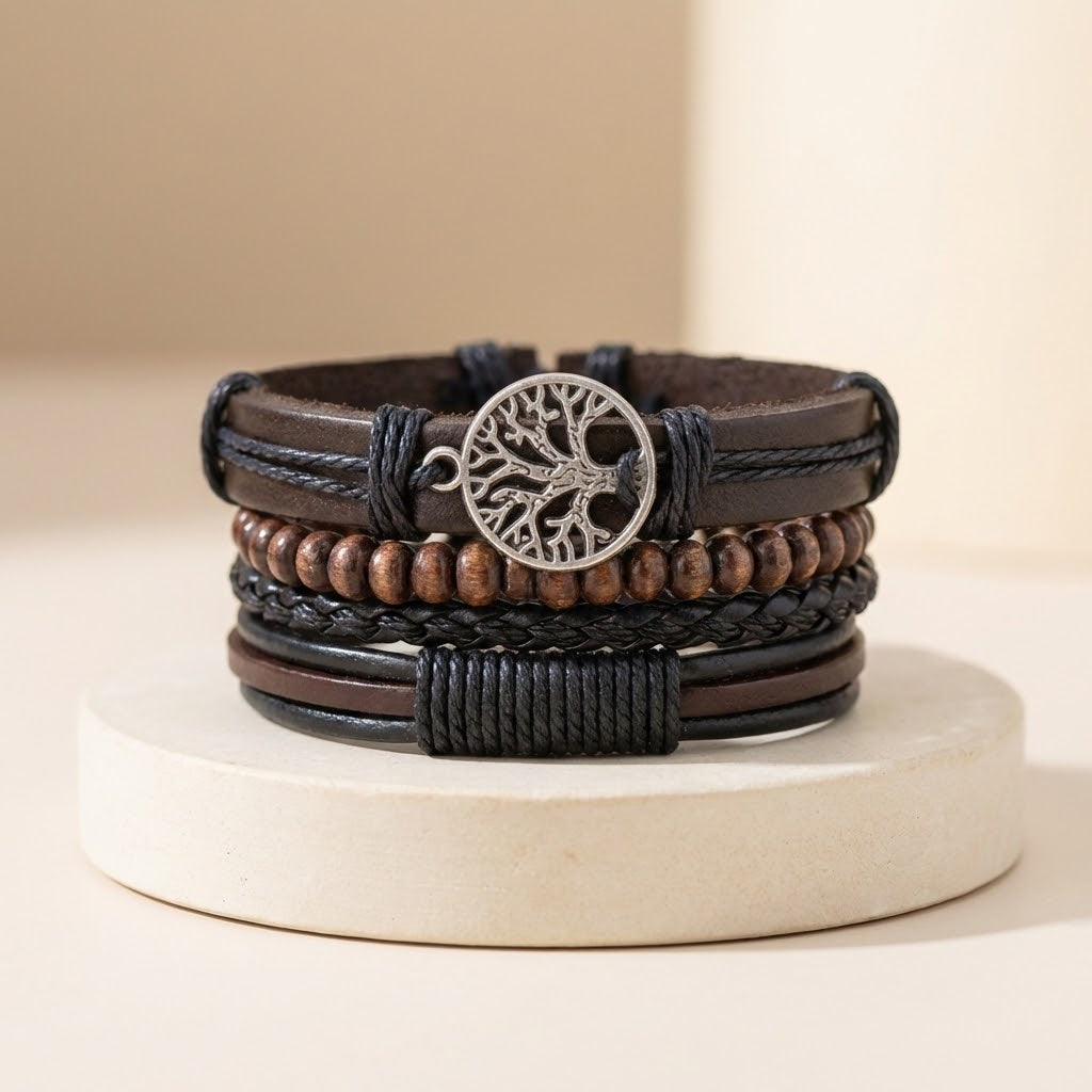 Stack of leather bracelets with tree of life charm on a beige background