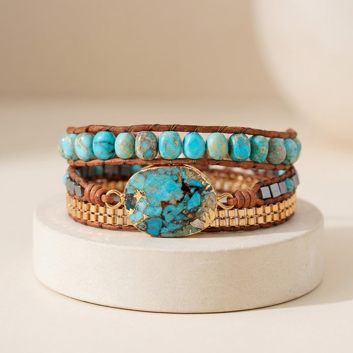 Turquoise Hand-Woven Multilayer Leather Wrap Bracelet Natural Stones Handmade Bracelet