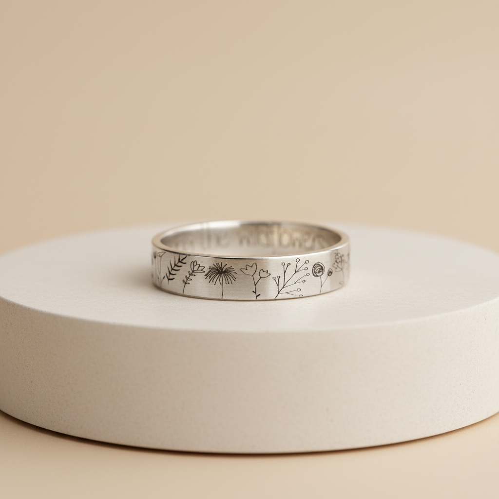 Silver ring with floral engraving on a beige surface