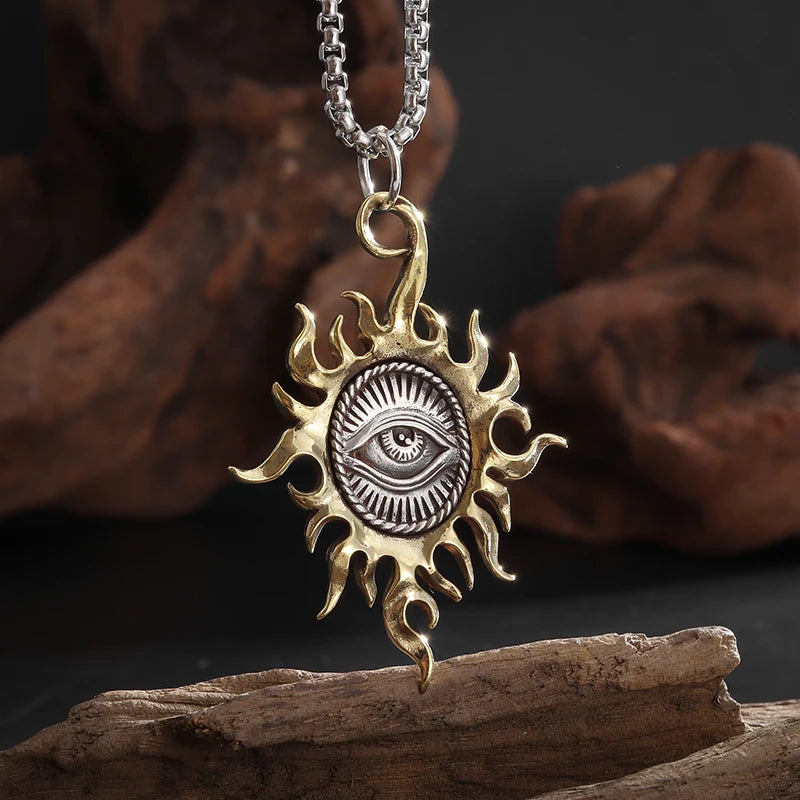 Vintage Sun Eye of God Pendant Necklace Evil Eye Gold Charm Necklace