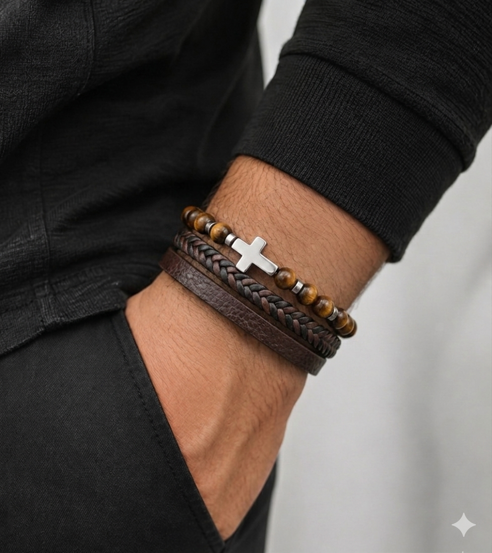 Close-up of a wrist wearing multiple bracelets with a cross charm on a neutral background