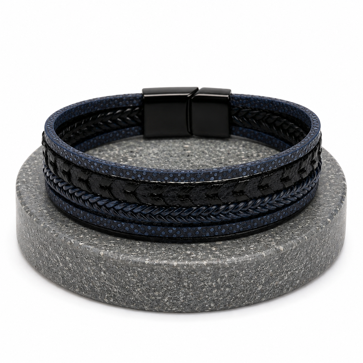 Modern industrial style men's bracelet with a multi-strand leather and metal design, perfect for a rugged-refined look.