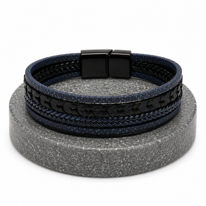 Modern industrial style men's bracelet with a multi-strand leather and metal design, perfect for a rugged-refined look.
