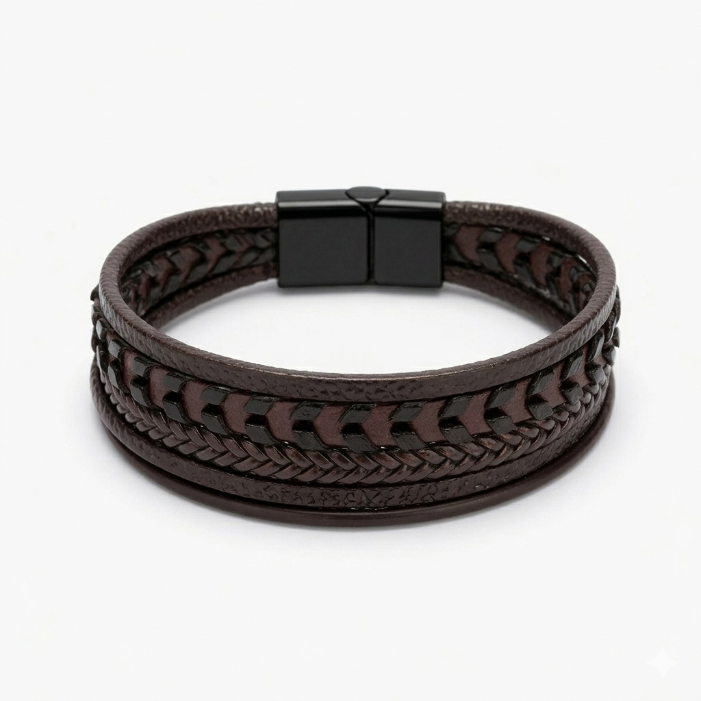 Multi-layer brown men's bracelet featuring braided leather and textured industrial steel strands with a matte black magnetic clasp.